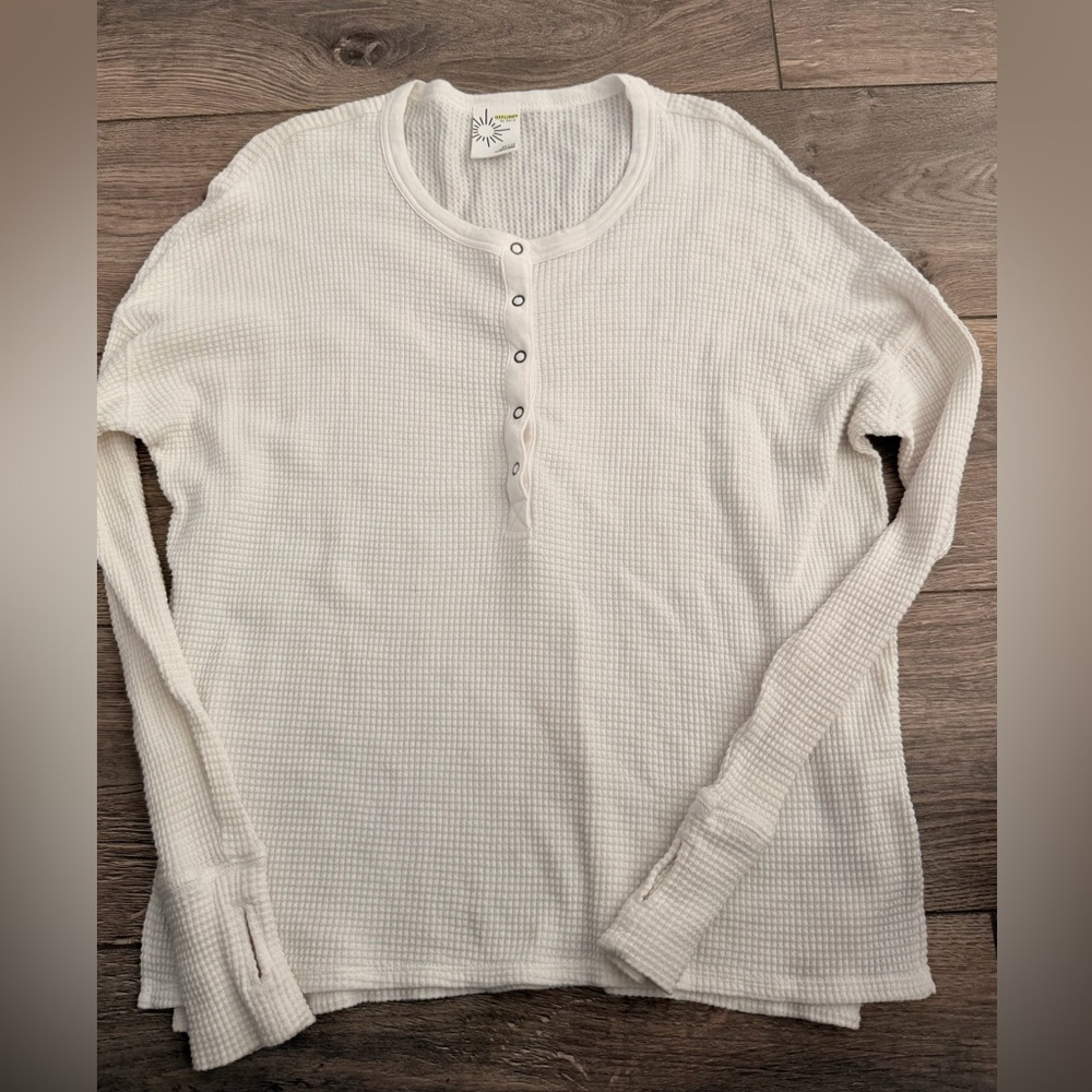 aerie Women's Cream Waffle Henley Long Sleeve Top